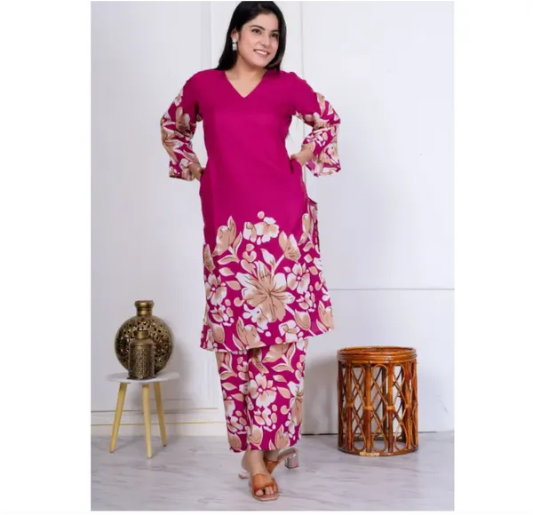Bisesh Creation Purple V-Neck Floral Printed Straight Kurta Pant Set For Women